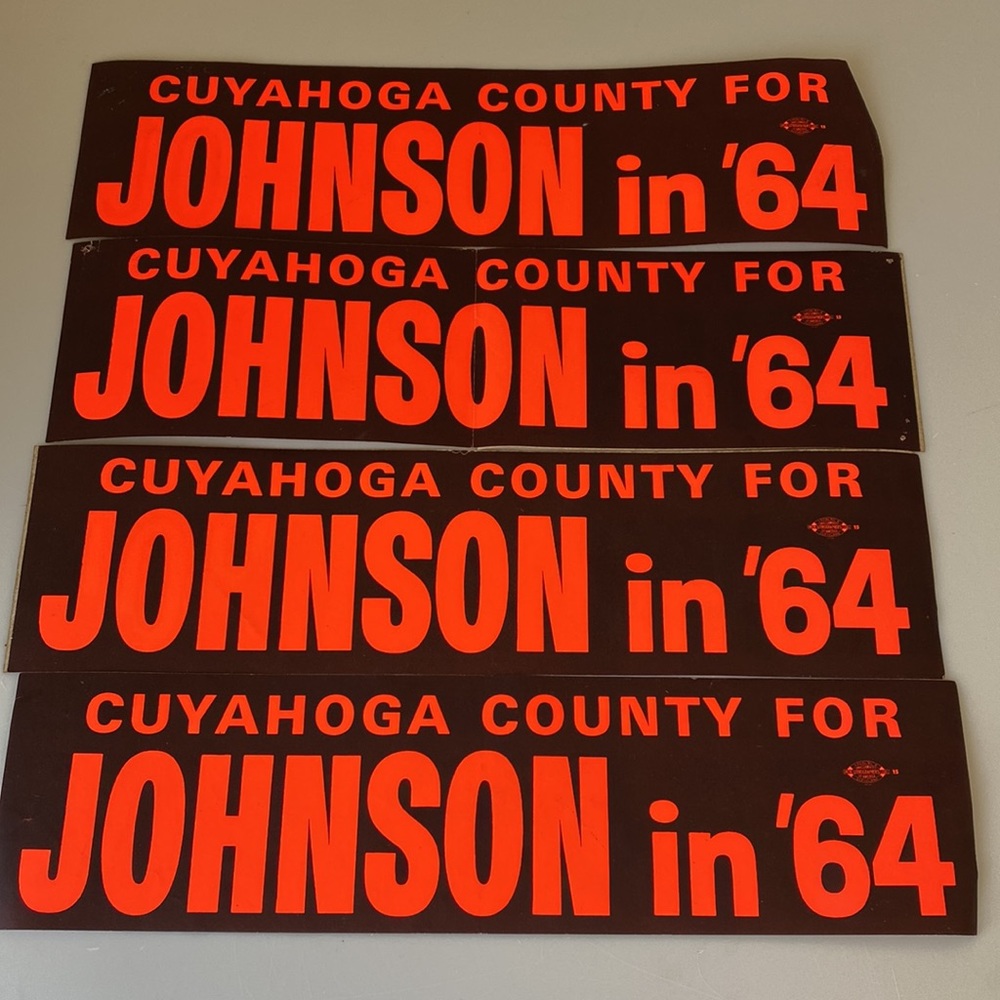 1964 Johnson Presidential Campaign Bumper Sticker Cuyahoga County OH, 4 unused